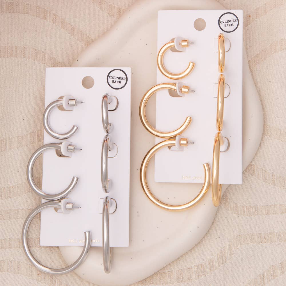 3-Pair Push-Back Hoop Earring Set