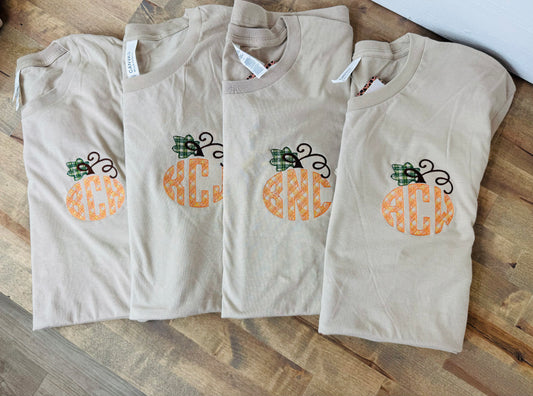 Checkered Monogrammed Embroidered Pumpkin Tan Bella Unisex Tee