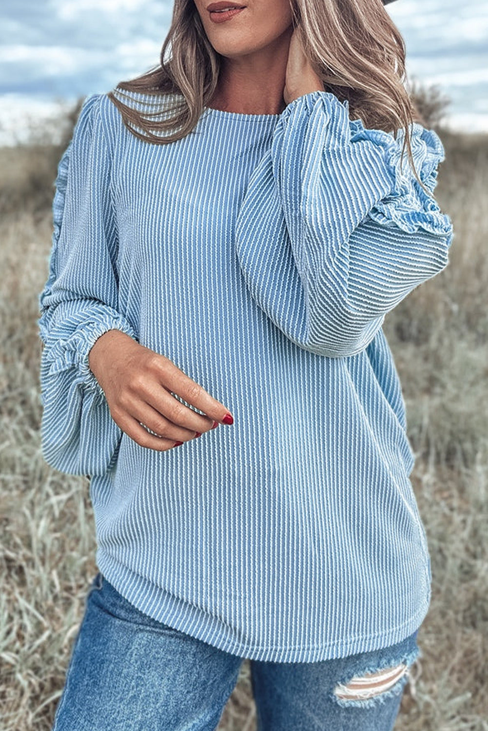 Blue Corded Puff Sleeve Blouse