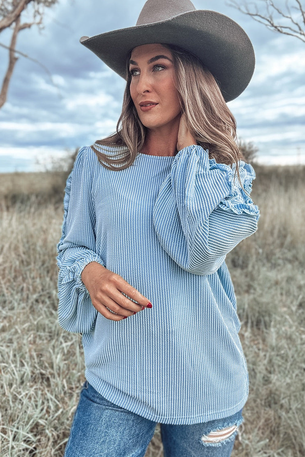 Blue Corded Puff Sleeve Blouse