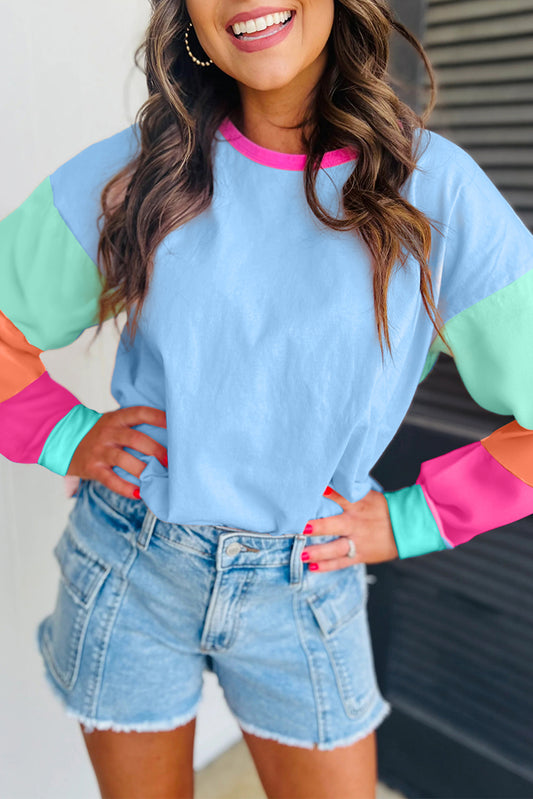 Baby Blue Colorblock Patchwork Long Sleeve Loose Top