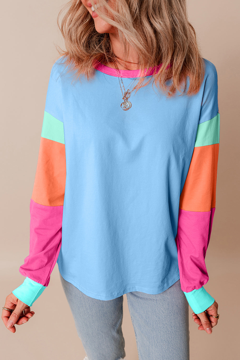 Baby Blue Colorblock Patchwork Long Sleeve Loose Top