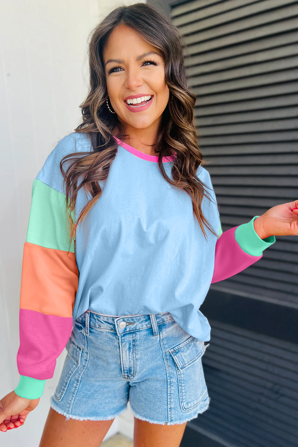 Baby Blue Colorblock Patchwork Long Sleeve Loose Top