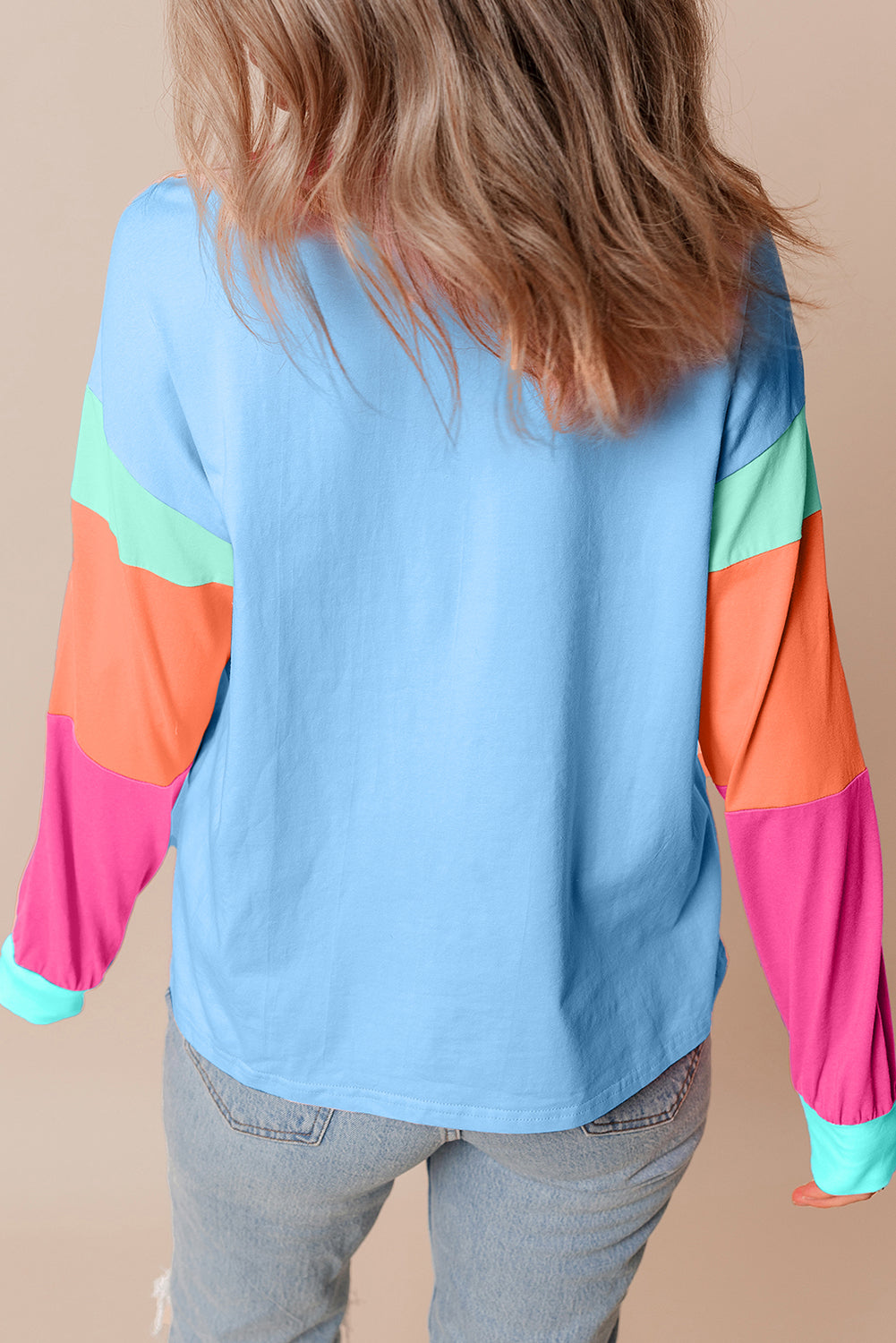 Baby Blue Colorblock Patchwork Long Sleeve Loose Top