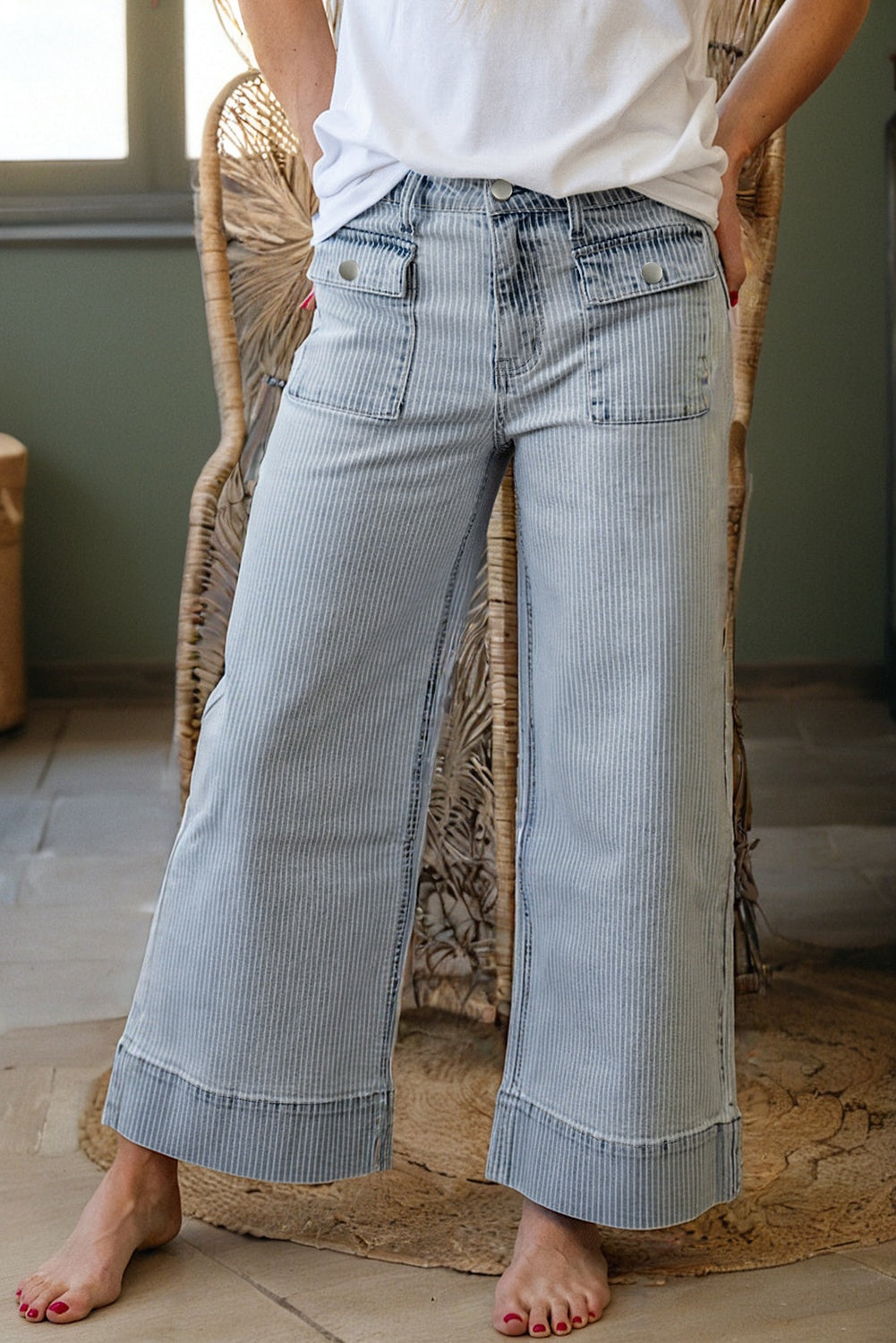 Pinstripe Strolls: Sky Blue Wide-Leg Pocket Denim