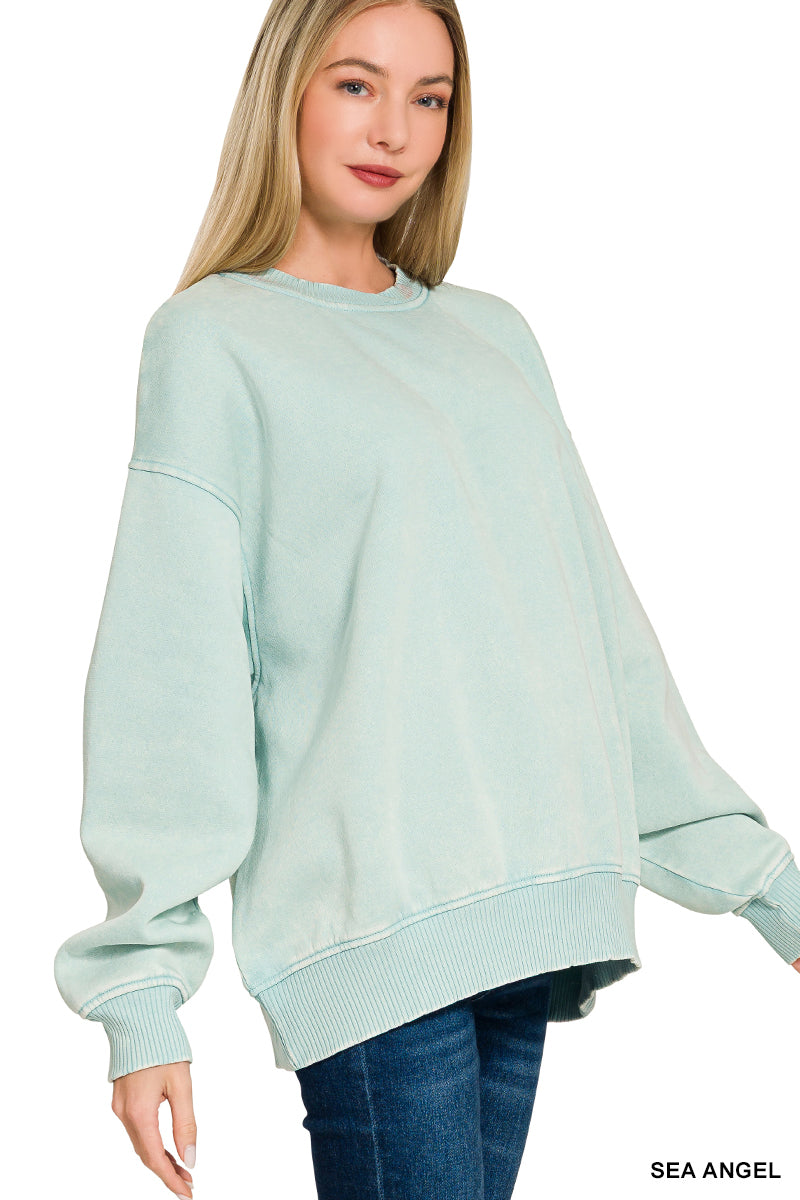 Acid Wash Fleece Oversized Pullover with Balloon Sleeves