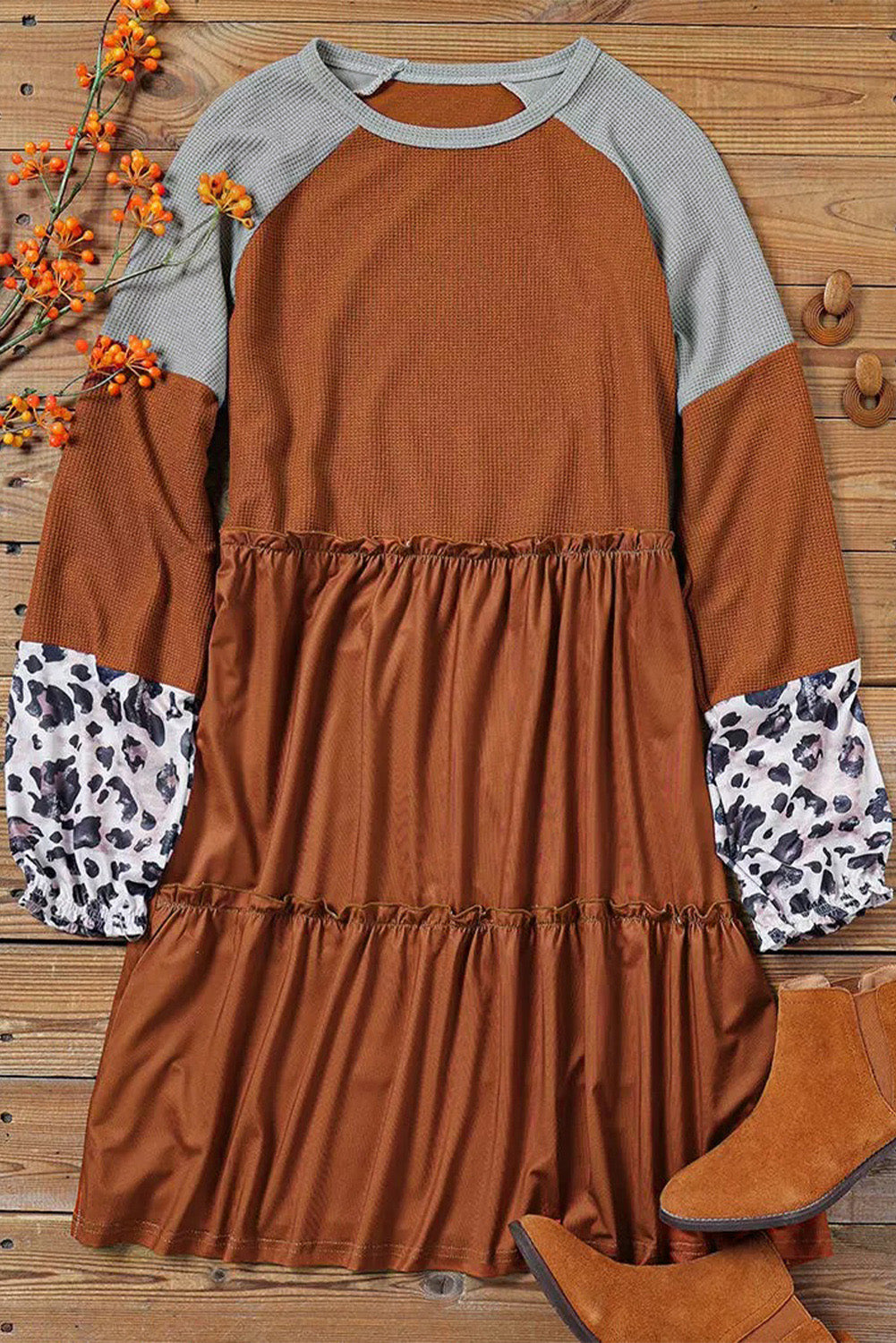 Orange and Grey Leopard Ruffle Dress