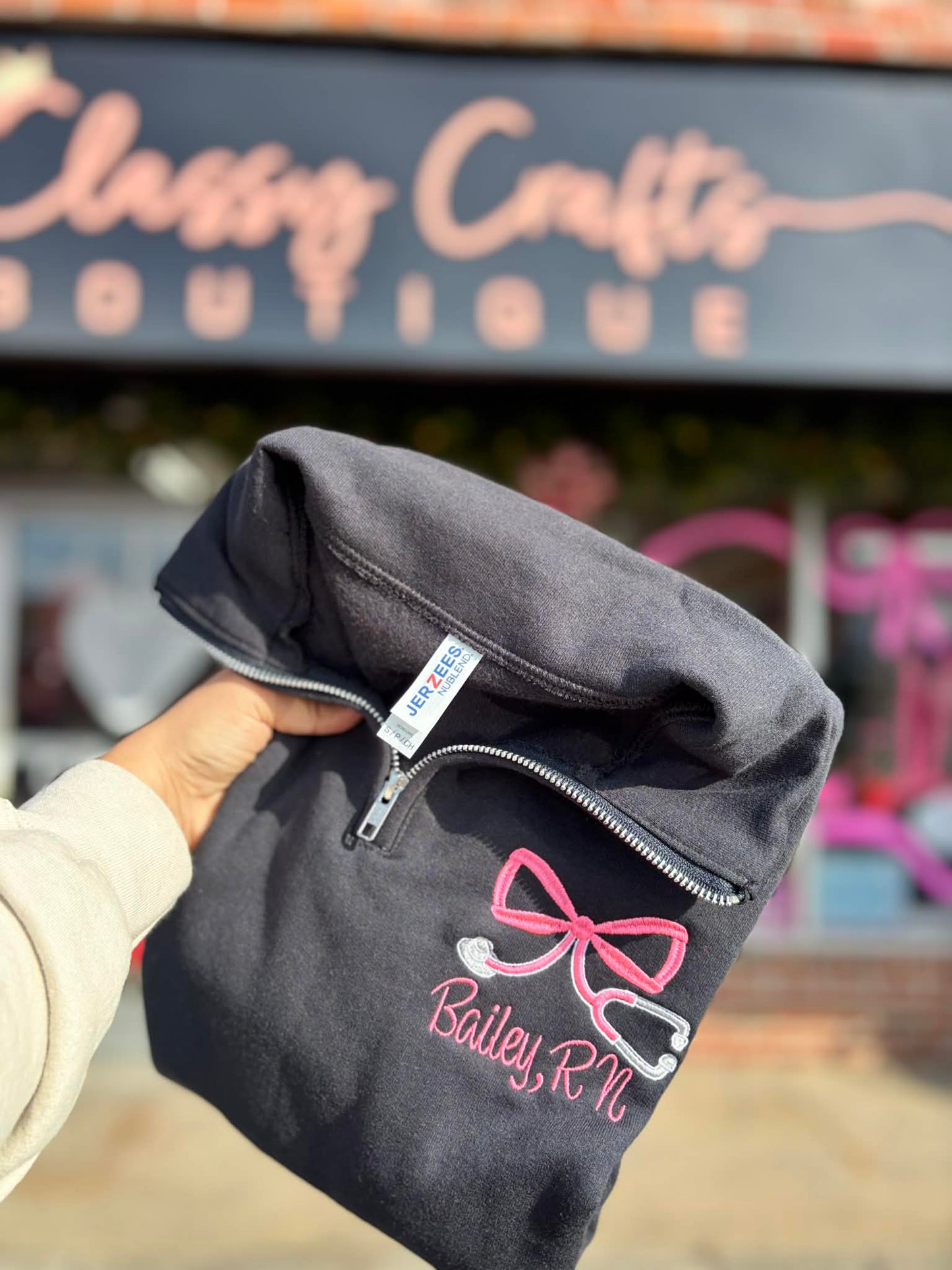 Pink Bow Stethoscope Quarter Zip