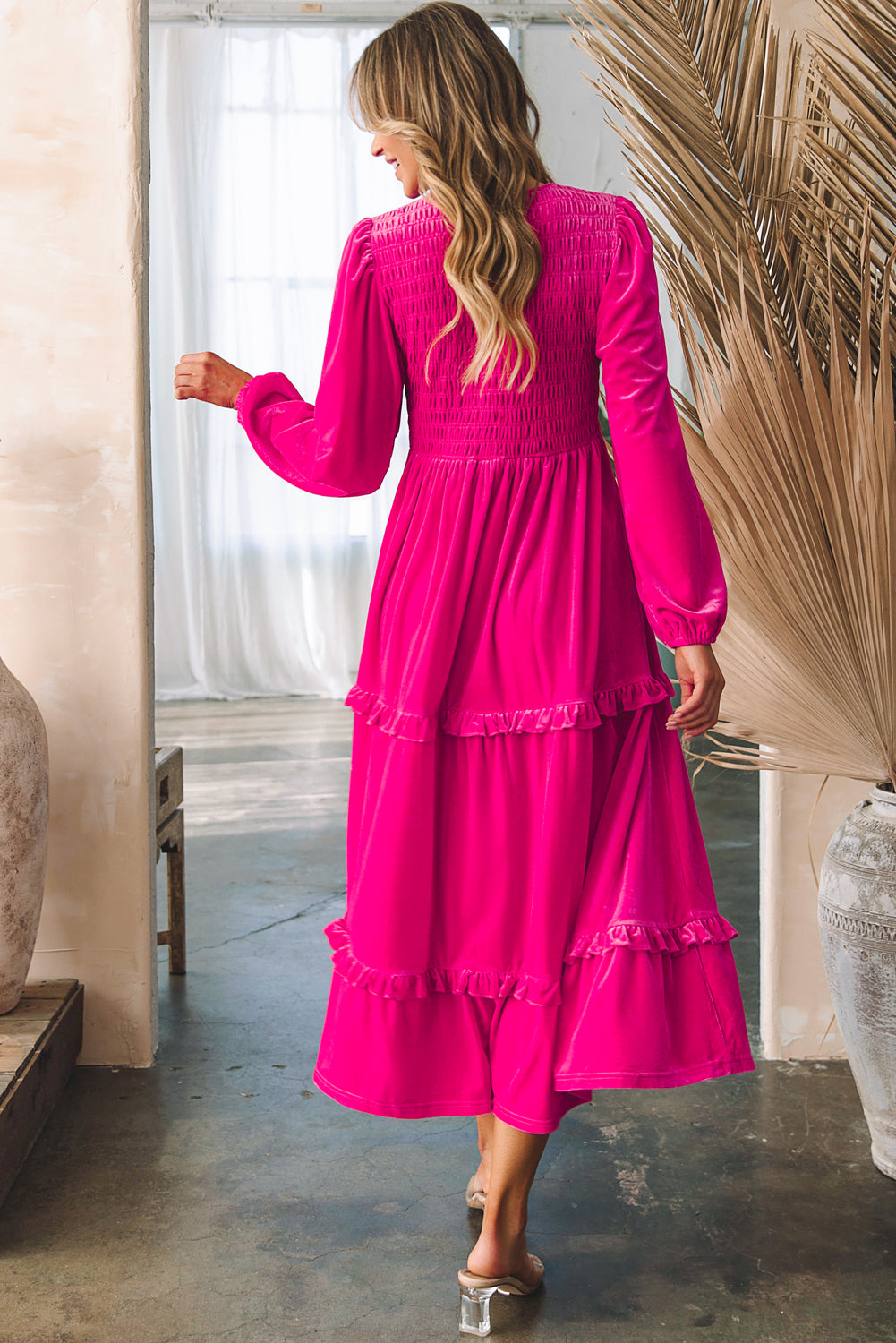 Rosy Velvet Vneck Long Sleeve Dress