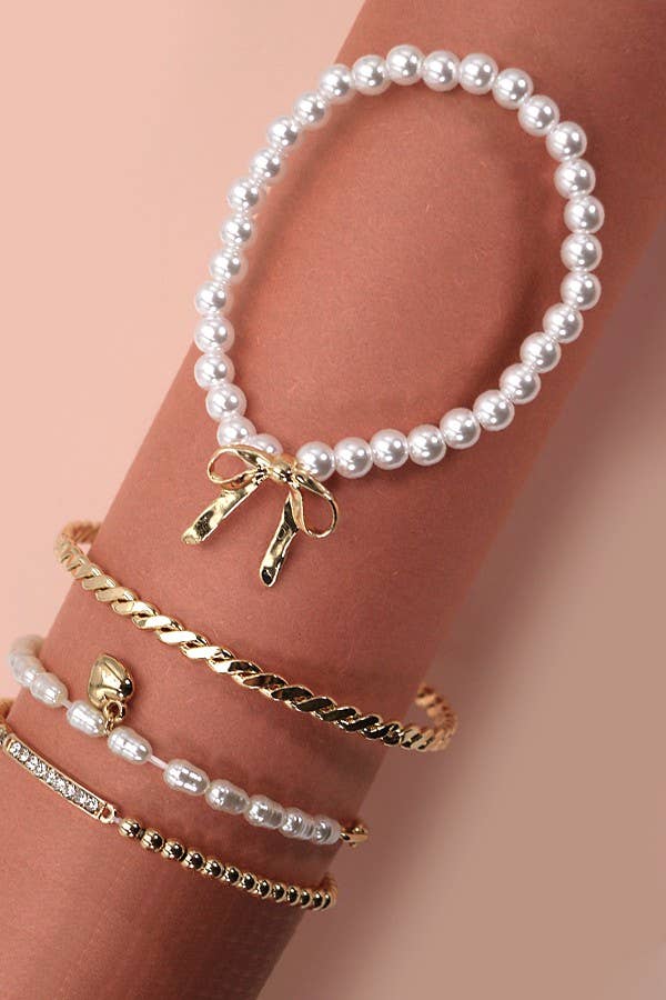 Bow & Pearl Rhinestone Bangle Set