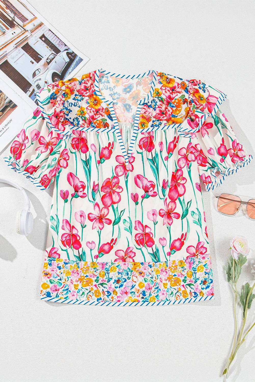 Pink Floral Print Striped Detail Split Neck Short Sleeve Blouse