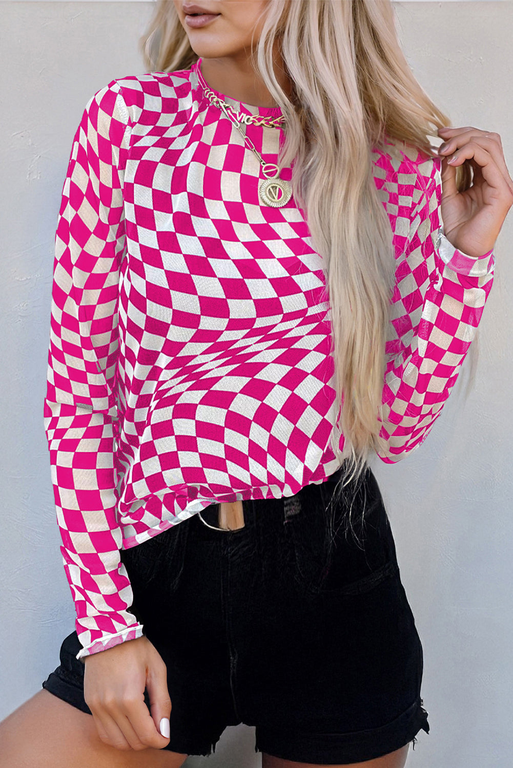 Checkered Mesh Mock Neck Top