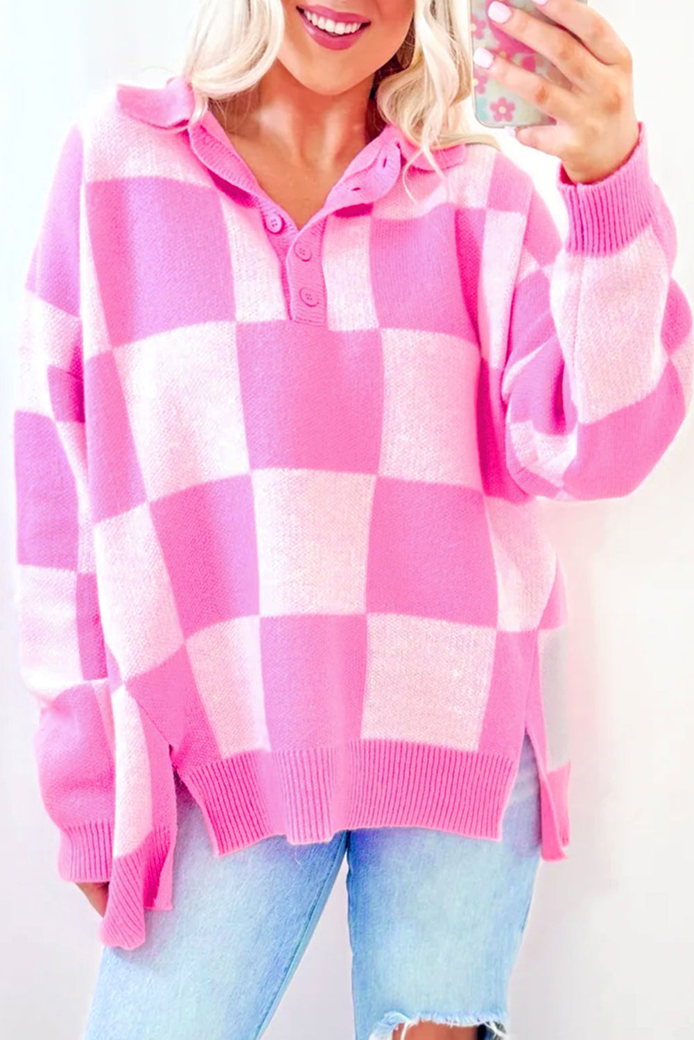 Blast Of Pink Checkered Sweater