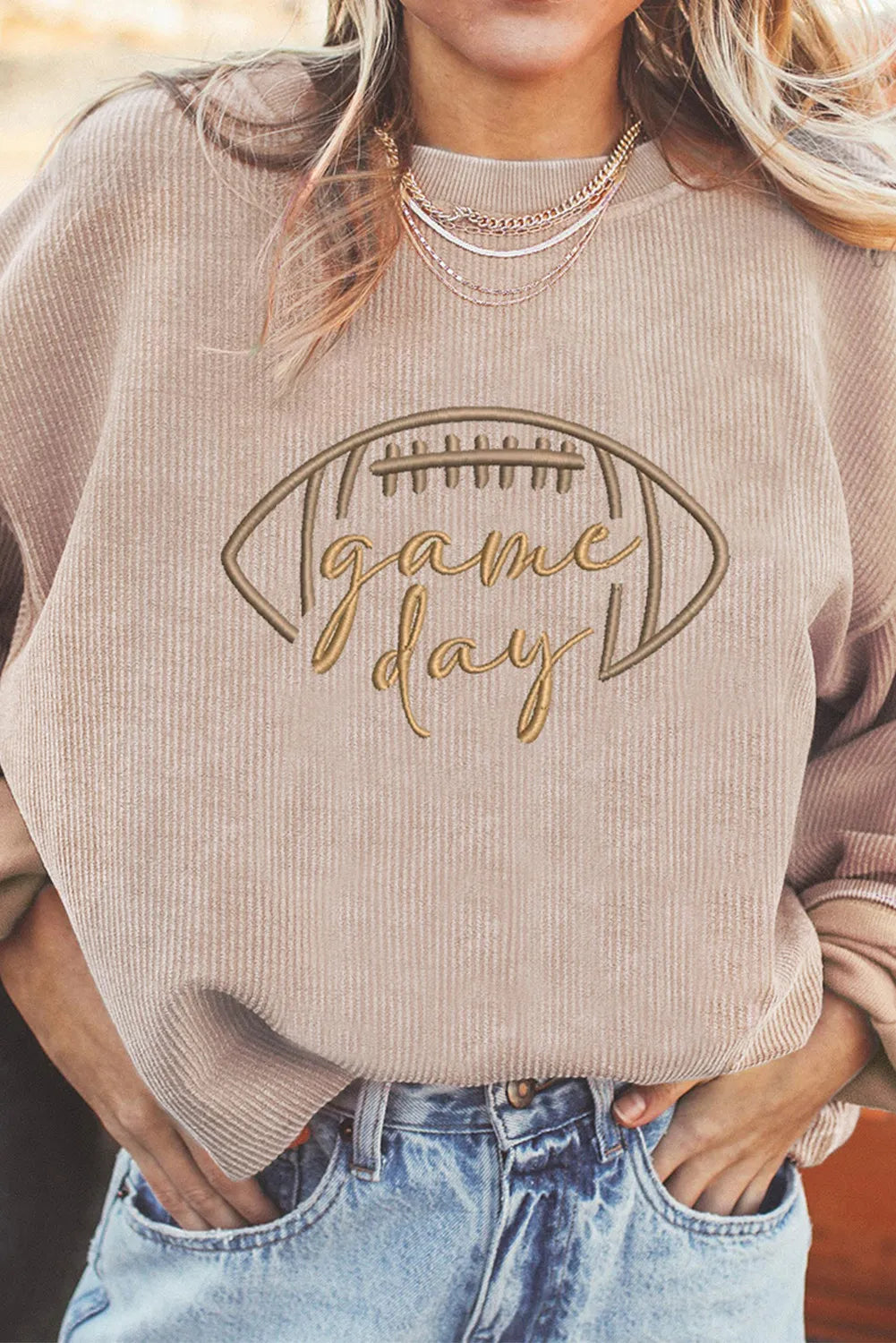 Apricot Touchdown Embroidered Corduroy Sweatshirt