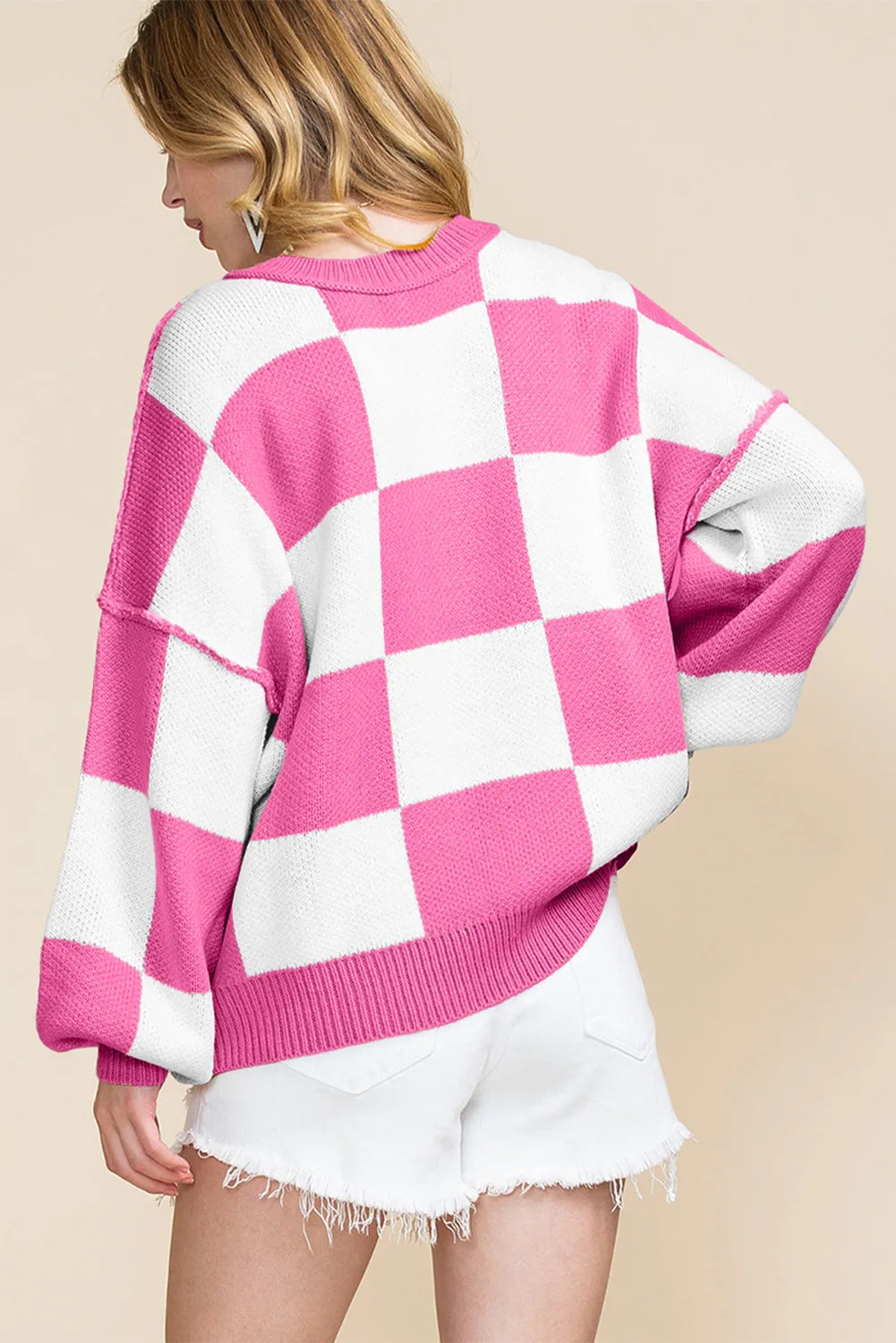 Bihop Sleeve Checkered Print Sweater