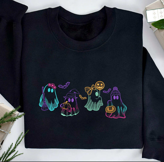 Embroidered Neon Ghost Squad | Black Crewneck Sweatshirt