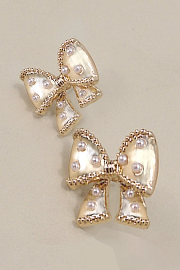 Pearl Embellished Bow Stud Earrings