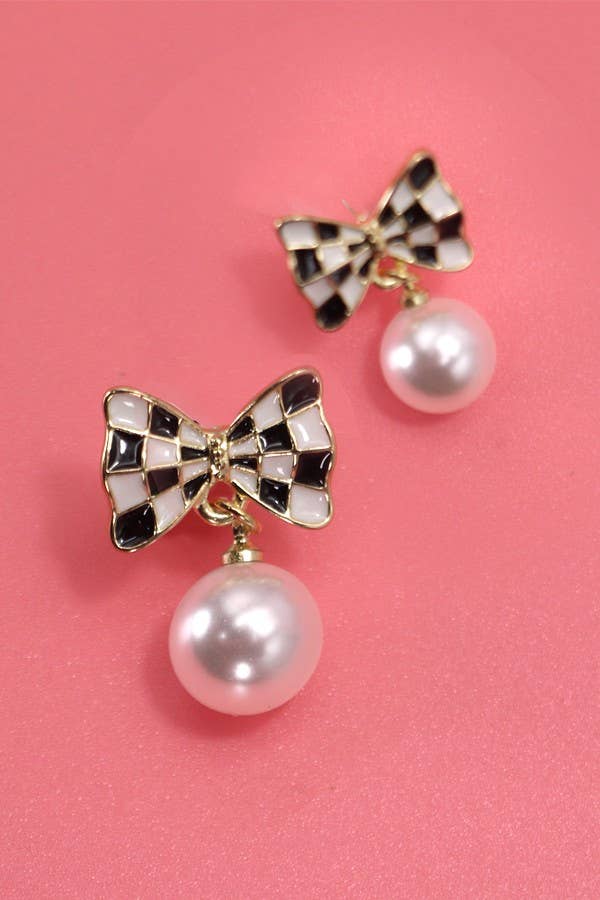 Checkerboard Bow & Pearl Earrings