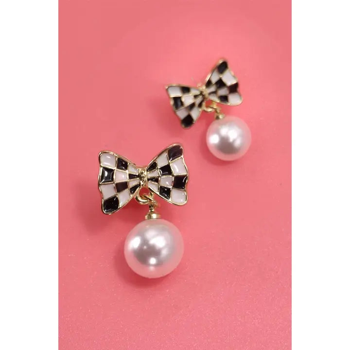 Checkeredboard Bow Pearl Earrings