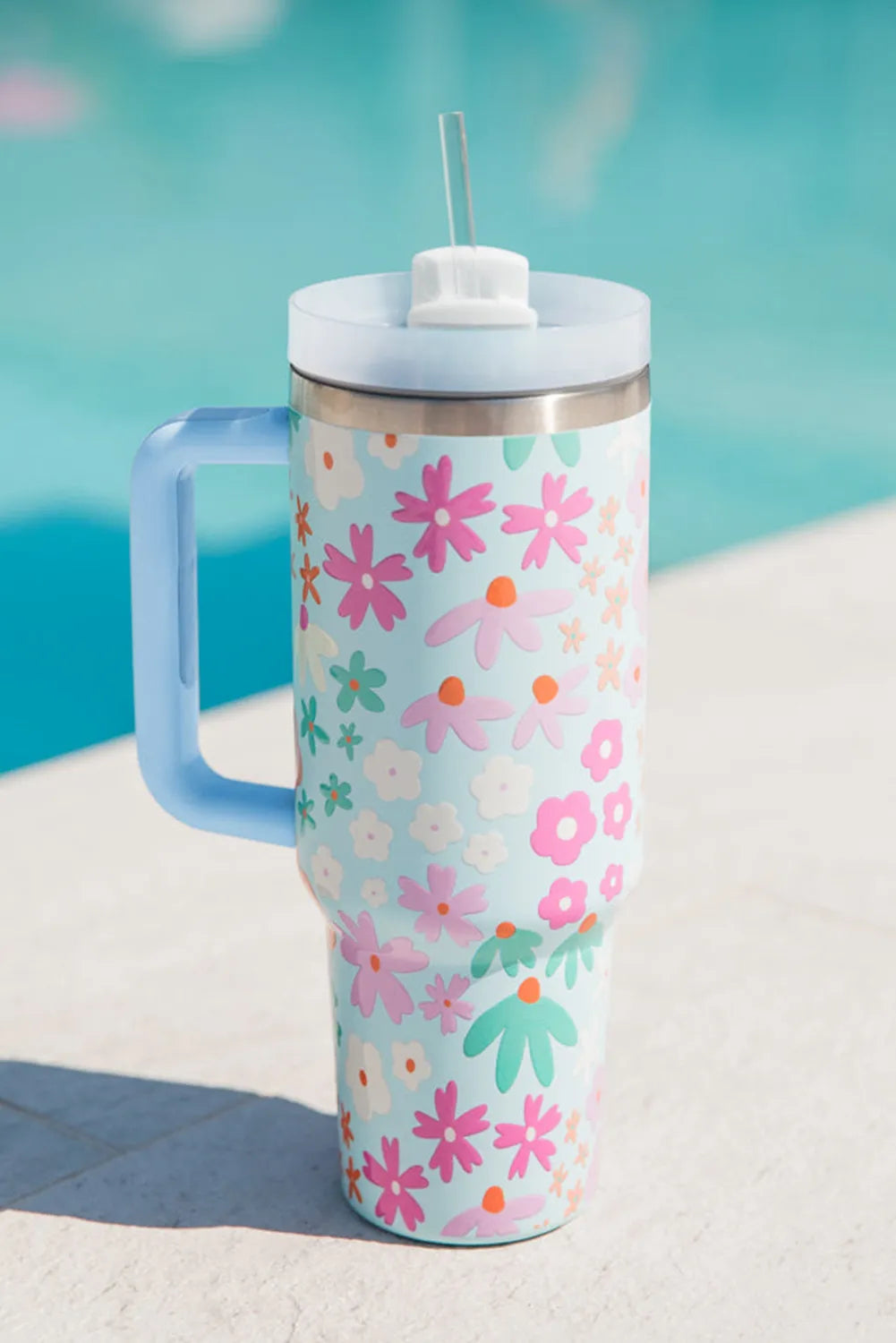 Beau Blue Cute Flower Pattern Handled Cup with Straw 40oz